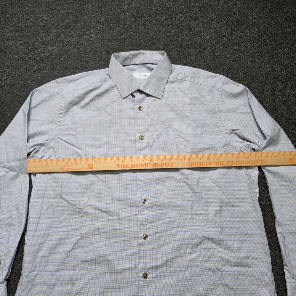Eton Dress Shirt Blue Tan Micro Check Mens 17.5 Contemporary Fit Long Sleeve - Picture 5 of 8